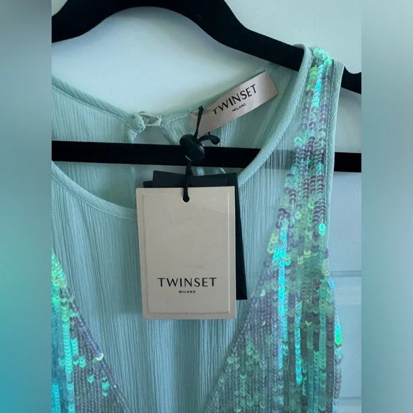 TWINSET Milano NWT Sequin Mesh Bow Tank Top Blouse Mint Green, Party, Sparkle S‍ - Picture 2 of 11